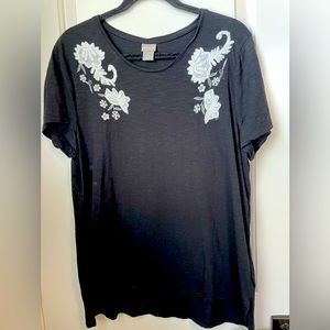 Chicos Black Tee with White Embellishment Chicos Size 2 or Women’s 12